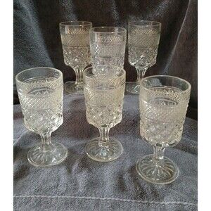 Set Of 6 Vintage Anchor Hocking Wexford Cut Glass Stemmed Wine Goblets 6 1/2 “